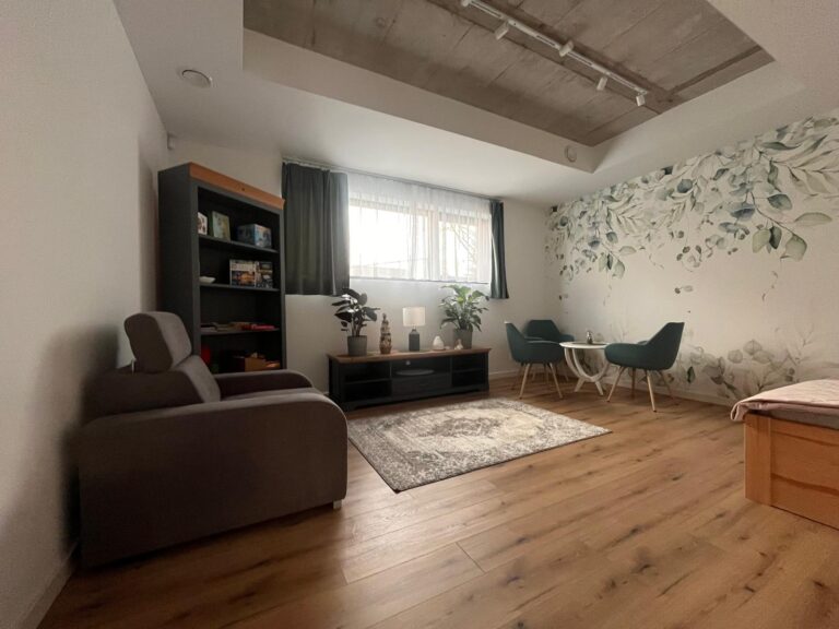 Pokój dzienny z biblioteką i fotelem – Seniorlandia dom opieki strefa relaksu i czytania